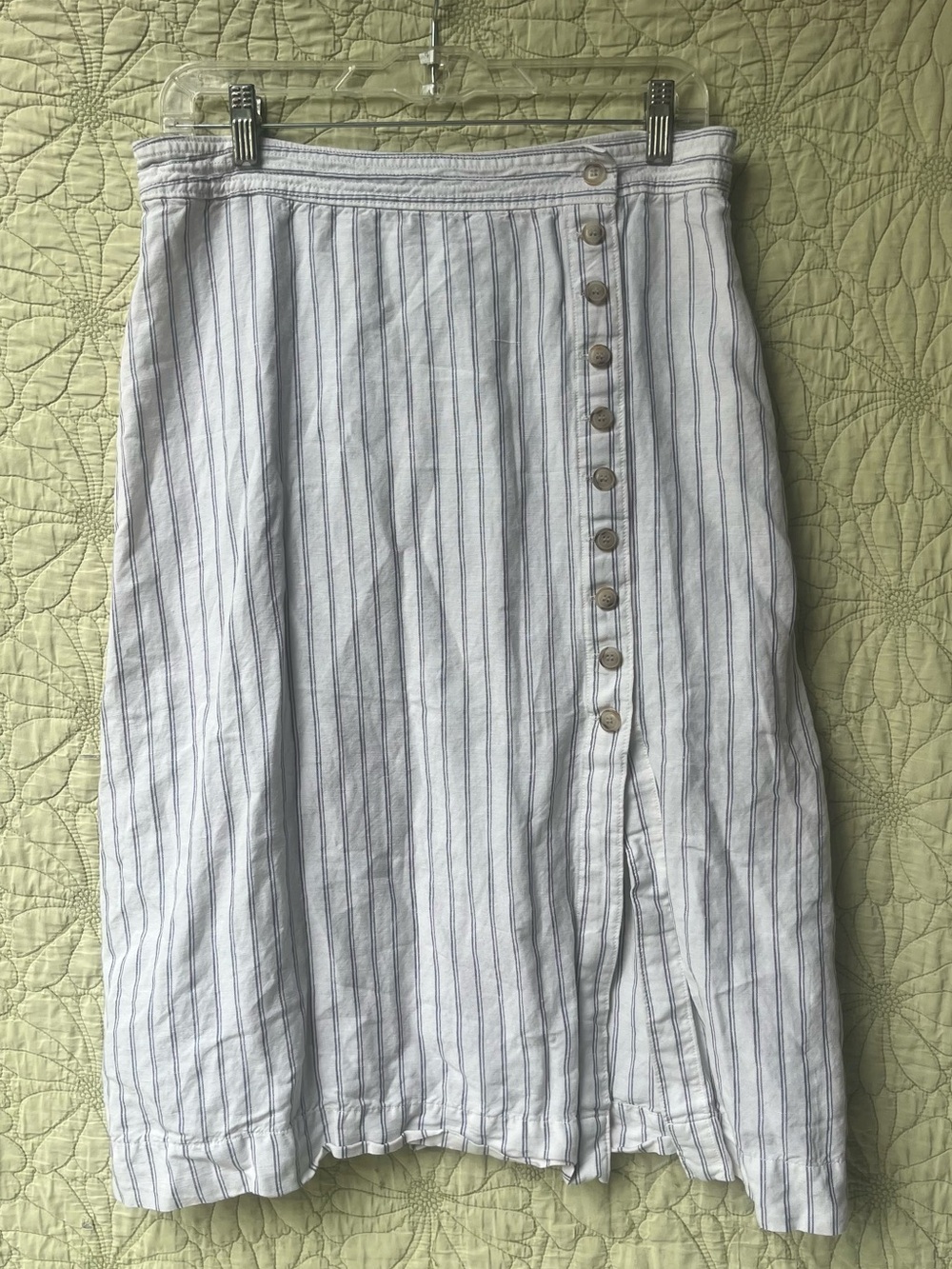 Madewell Linen Blue and White Striped Button-Front Midi Skirt